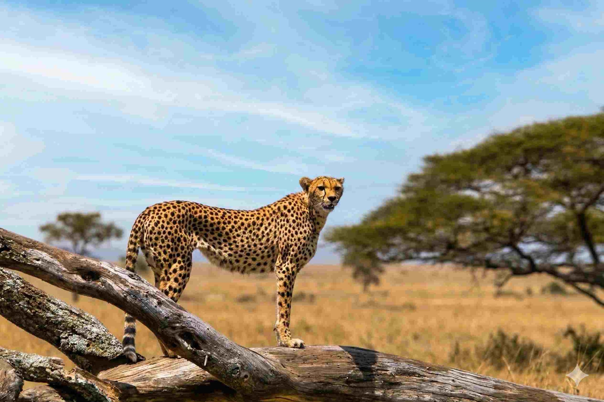 Cheetah standing on a fallen tree trunk surveying the African savanna